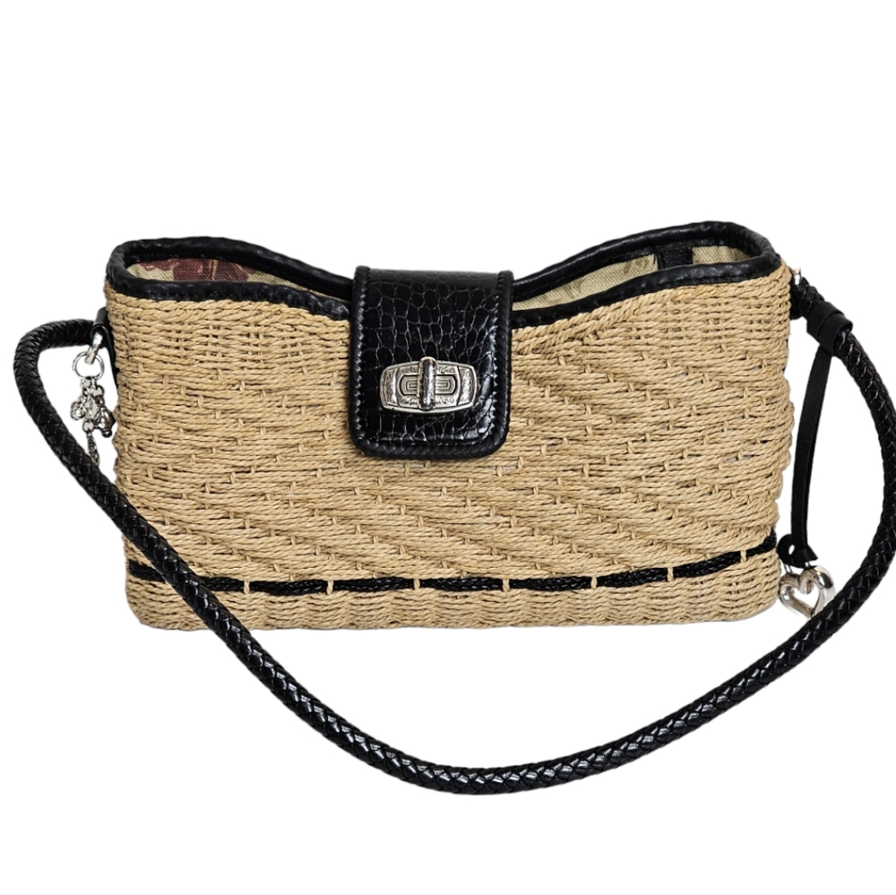 Brighton Wendy Tan & Black Woven Straw with Leather Details Bag with Charms, EUC
